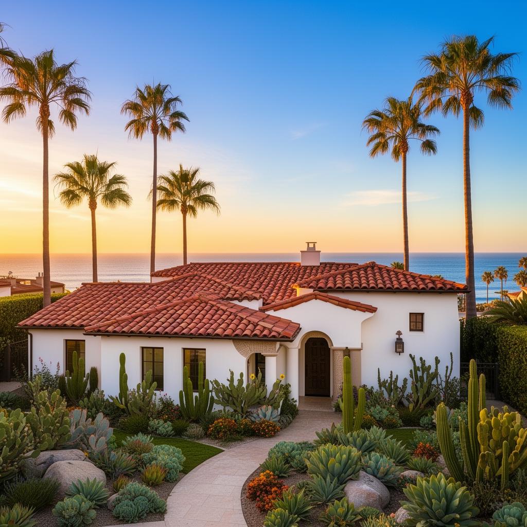 Southern California Spanish-style coastal home with palm trees at sunset
